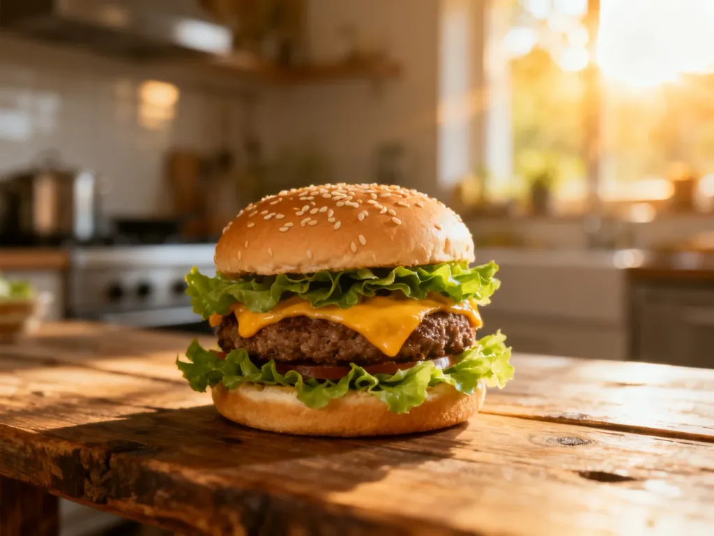 Apetyczny burger z soczystym mięsem, serem i świeżą sałatą na drewnianym stole.
