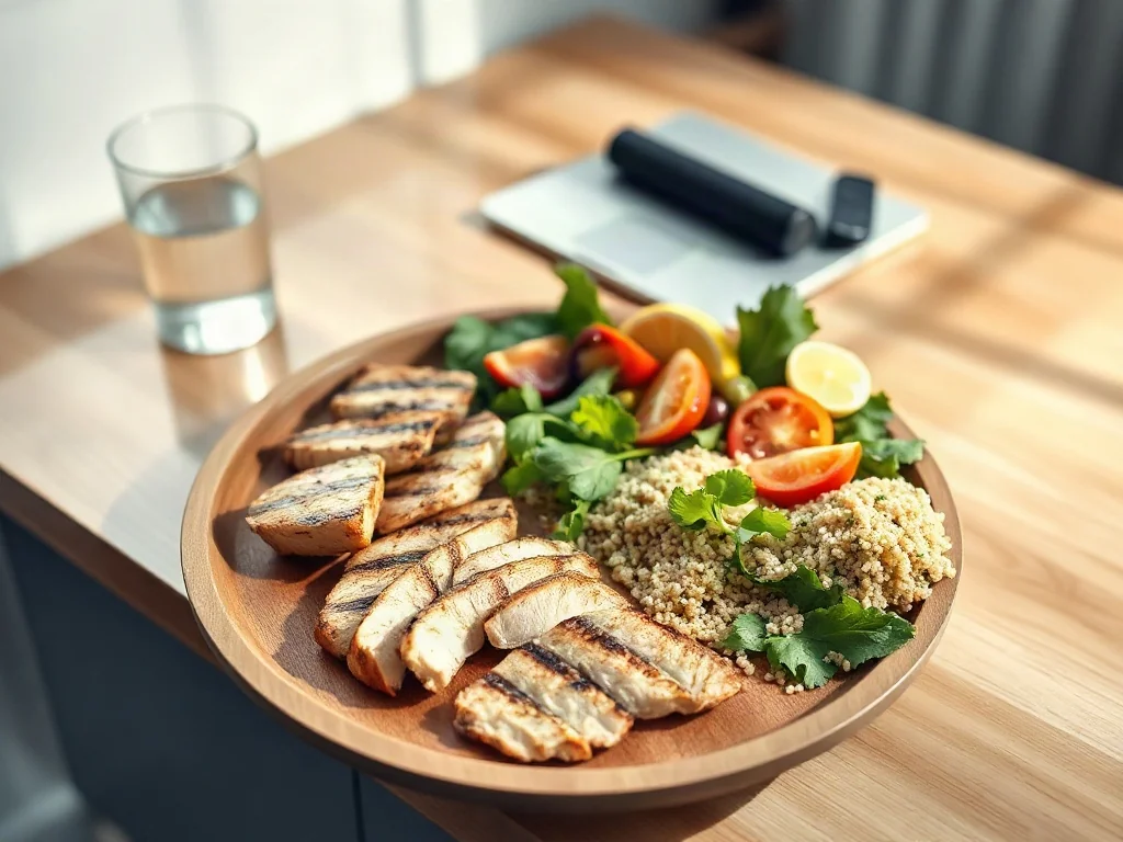 Zbilansowany posiłek z grillowanym kurczakiem, komosą ryżową i sałatką na drewnianym talerzu, idealny dla diety 1600 kcal.