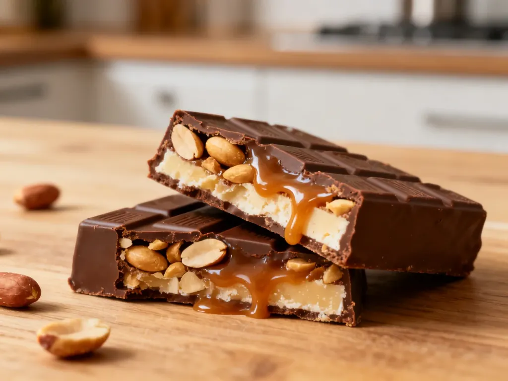 Przekrojony baton Snickers ukazujący warstwy karmelu, orzeszków ziemnych i nugatu w profesjonalnym ujęciu makro.