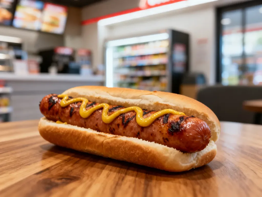 Apetyczny hot dog z grillowaną parówką i musztardą na drewnianym stole w tle wnętrza sklepu.