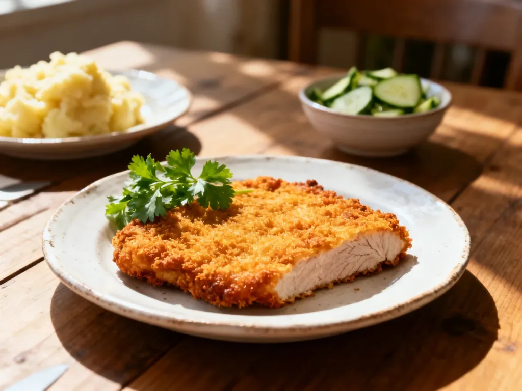 Złocisty kotlet schabowy w panierce podany na talerzu z ziemniakami i mizerią w tle.