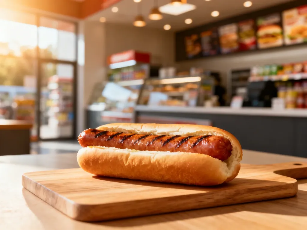 Apetyczny hot dog w chrupiącej bułce na drewnianej desce, z wnętrzem sklepu w tle.