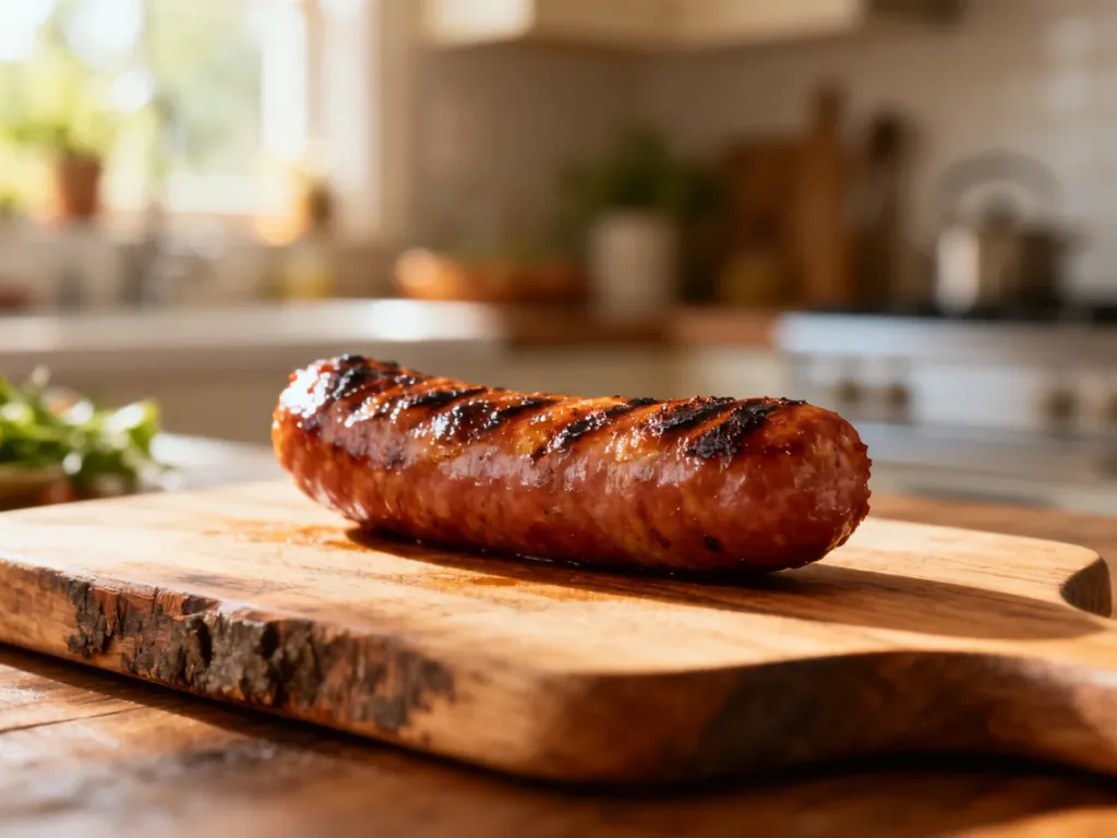 Grillowana parówka na drewnianej desce do krojenia w słonecznej kuchni.