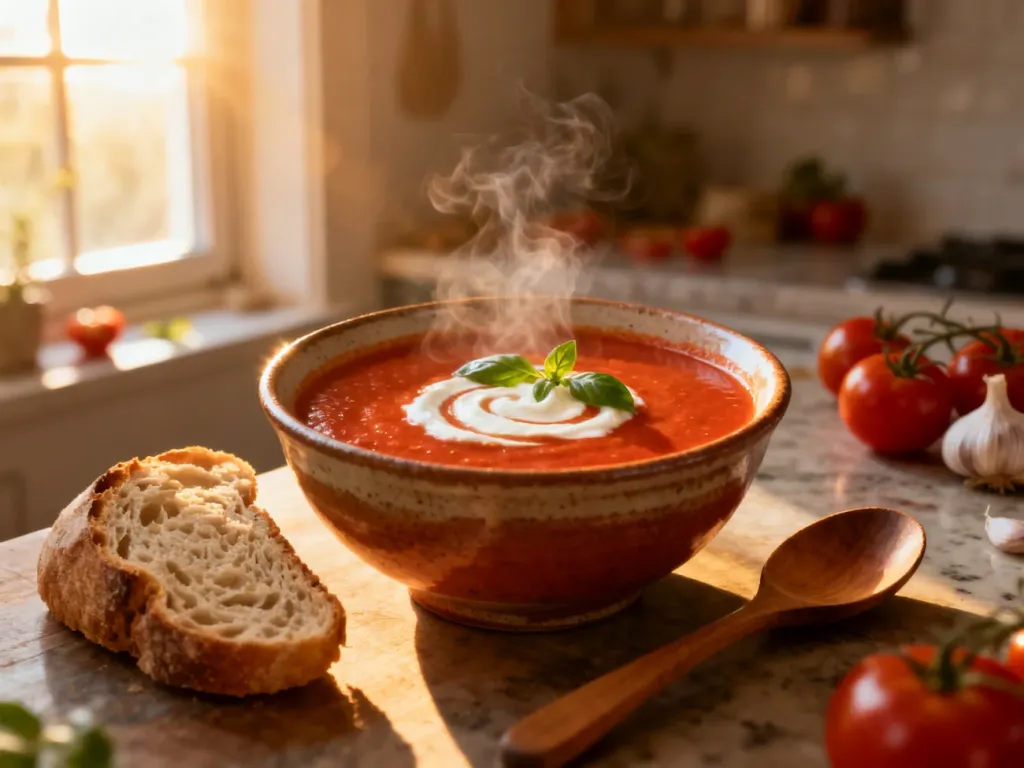 Parująca zupa pomidorowa w rustykalnej misce, udekorowana śmietaną i bazylią, podana z kromką chleba na kuchennym blacie.