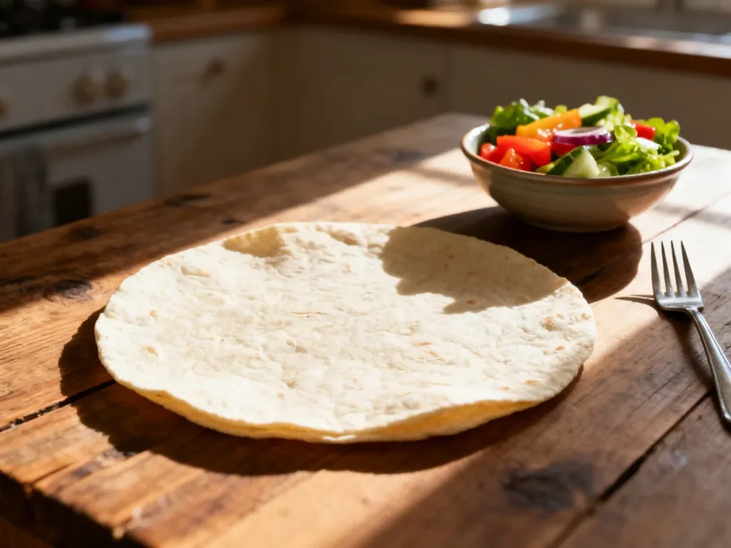 Świeża pszenna tortilla na drewnianym stole w otoczeniu kolorowych warzyw, podkreślająca naturalne składniki posiłku.