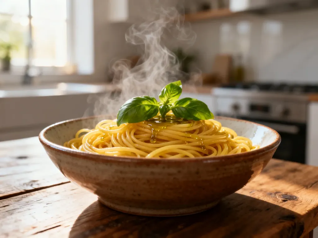 Parująca miska świeżego spaghetti z bazylią i oliwą na drewnianym stole, ilustrująca wartości odżywcze makaronu.
