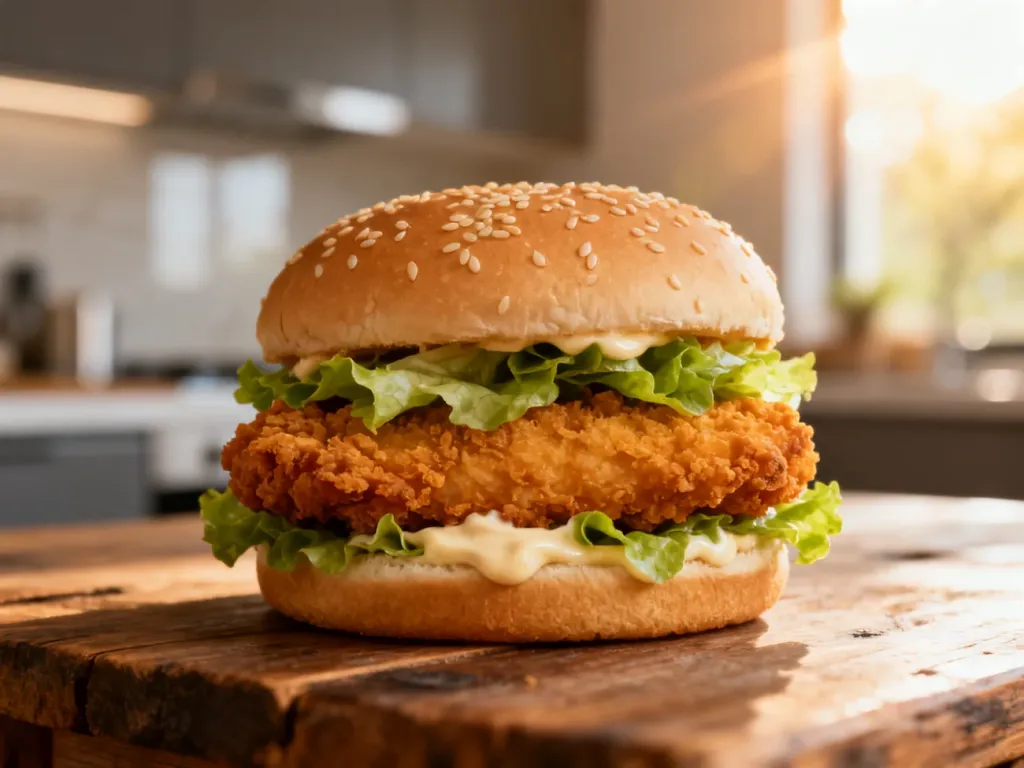 Apetyczna kanapka McChicken z chrupiącym kurczakiem, sałatą i majonezem w bułce z sezamem na drewnianym stole.