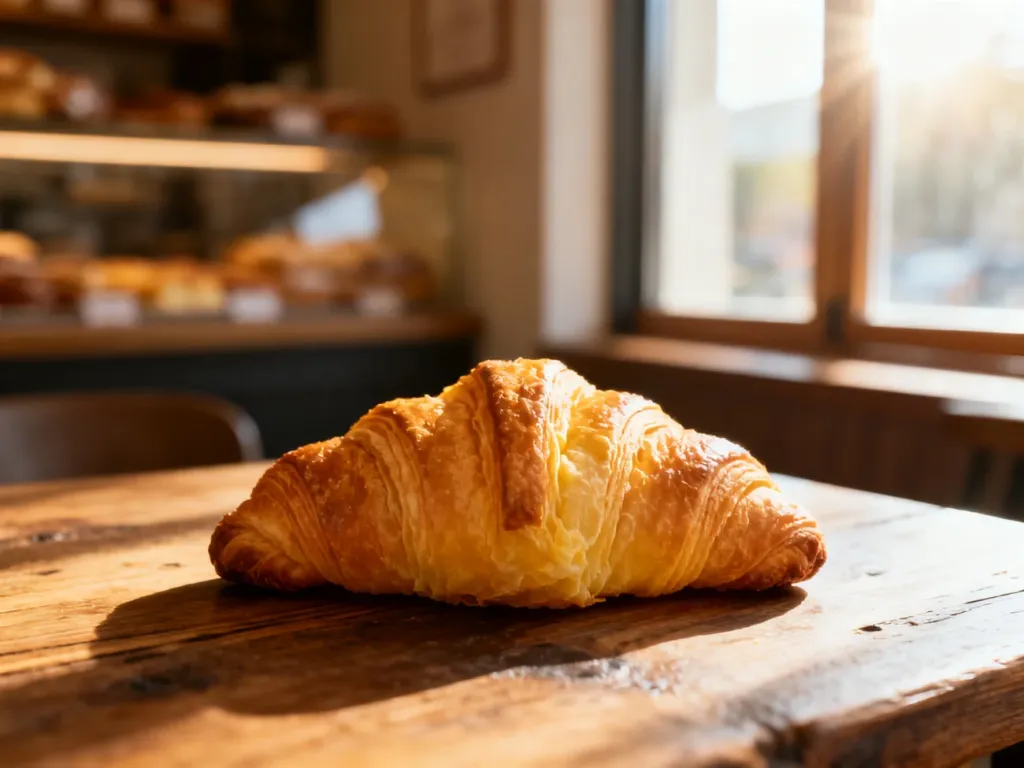 Złocisty, chrupiący croissant leżący na drewnianym stole w przytulnej piekarni o poranku.