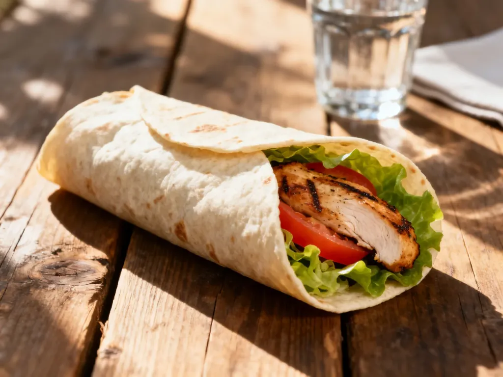 Apetyczny McWrap z grillowanym kurczakiem, sałatą i pomidorami podany na rustykalnym drewnianym stole.