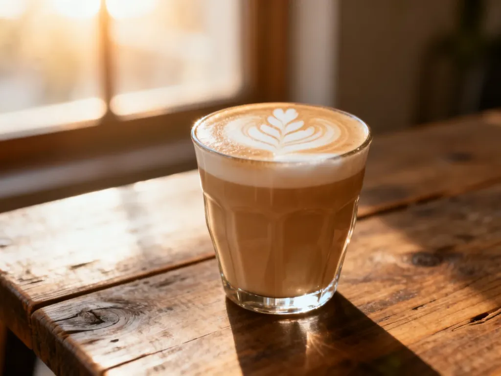 Szklanka latte z artystycznym wzorem na piance, postawiona na drewnianym stole w ciepłym, porannym świetle.
